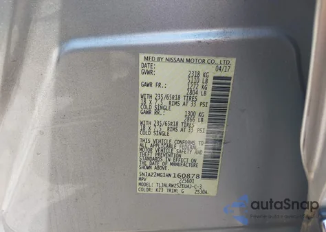 2017 Nissan Murano Sl из США, поврежденный, VIN 5N1AZ2MG1HN160878